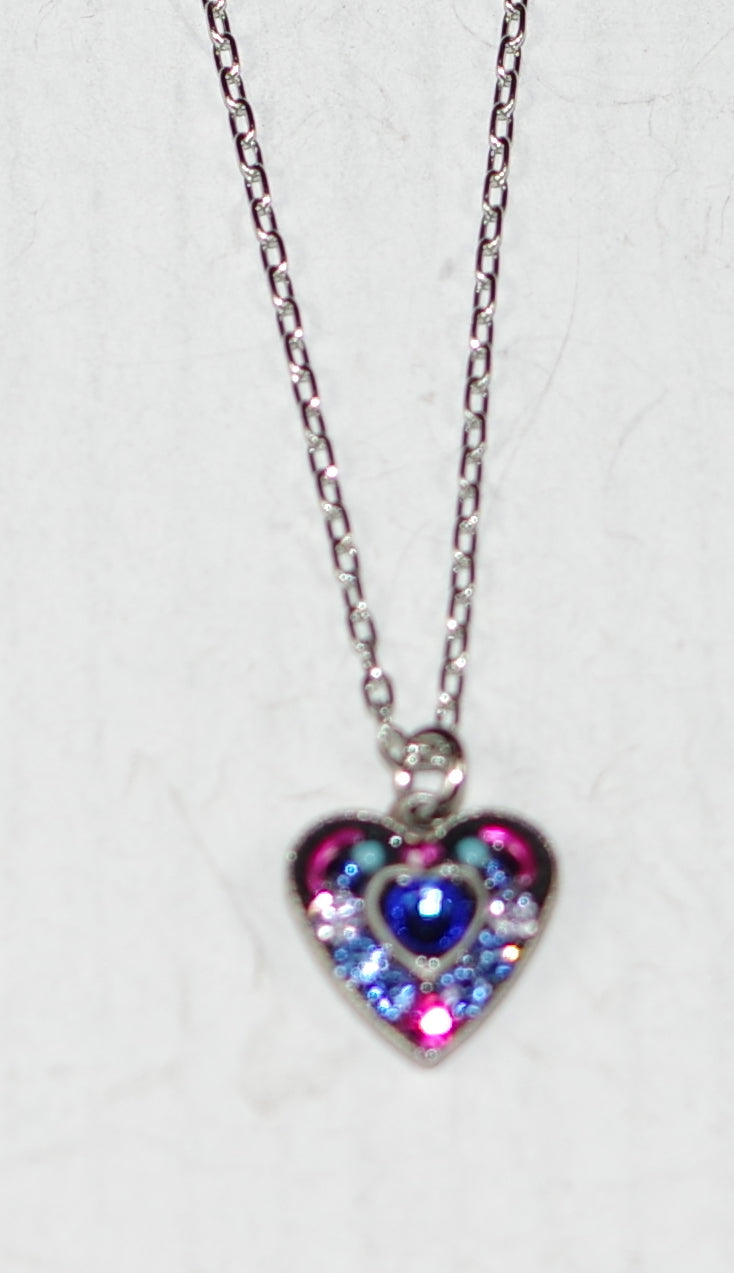 FIREFLY NECKLACE SMALL CRYSTAL HEART SAP: multi stones in 1/2" silver setting, 20" adjustable chain