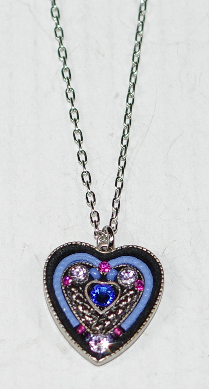 FIREFLY NECKLACE HEART WITHIN HEART SAP: multi color stones in 3/4" silver setting, 20" adjustable chain