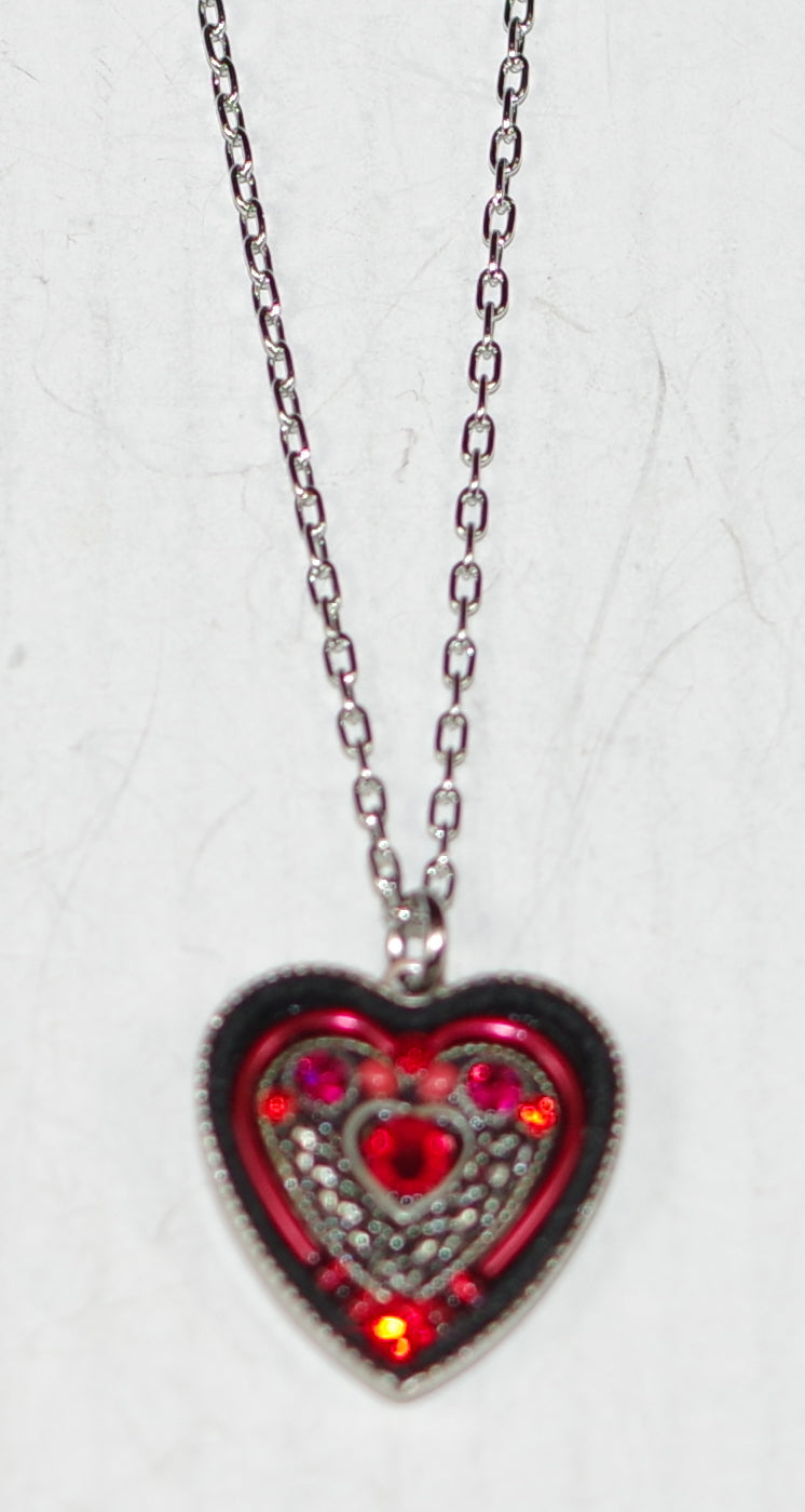 FIREFLY NECKLACE HEART WITHIN HEART RED: multi color stones in 3/4" silver setting, 20" adjustable chain