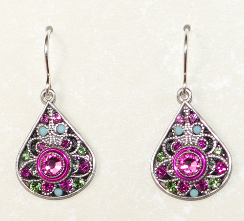 FIREFLY EARRINGS LARGE FILAGREE ROSE: multi color stones in 3/4" silver setting, wire backs