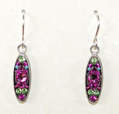 FIREFLY EARRINGS SPARKLE LONG OVAL ROSE: multi color stones in 3/4" silver setting, wire backs