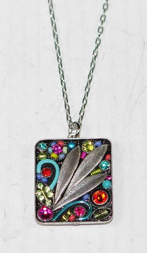 FIREFLY NECKLACE BOTANICAL RECTANGLE MC: multi color stones in 3/4" setting, silver 17" adjustable chain