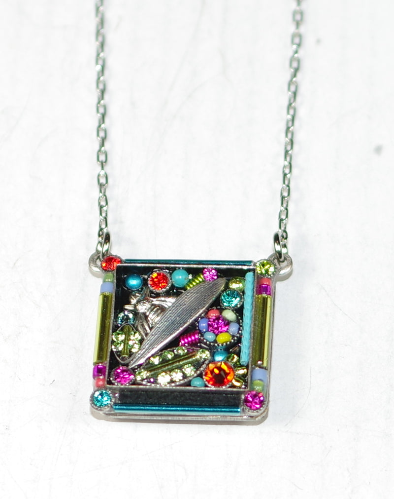 FIREFLY NECKLACE BOTANICAL SQUARE MC: multi color stones in 1" setting, silver 17" adjustable chain