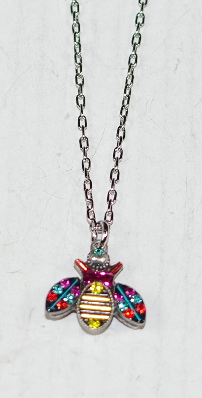 FIREFLY NECKLACE QUEEN BEE MC: multi color stones in 1/2" setting, silver 17" adjustable chain