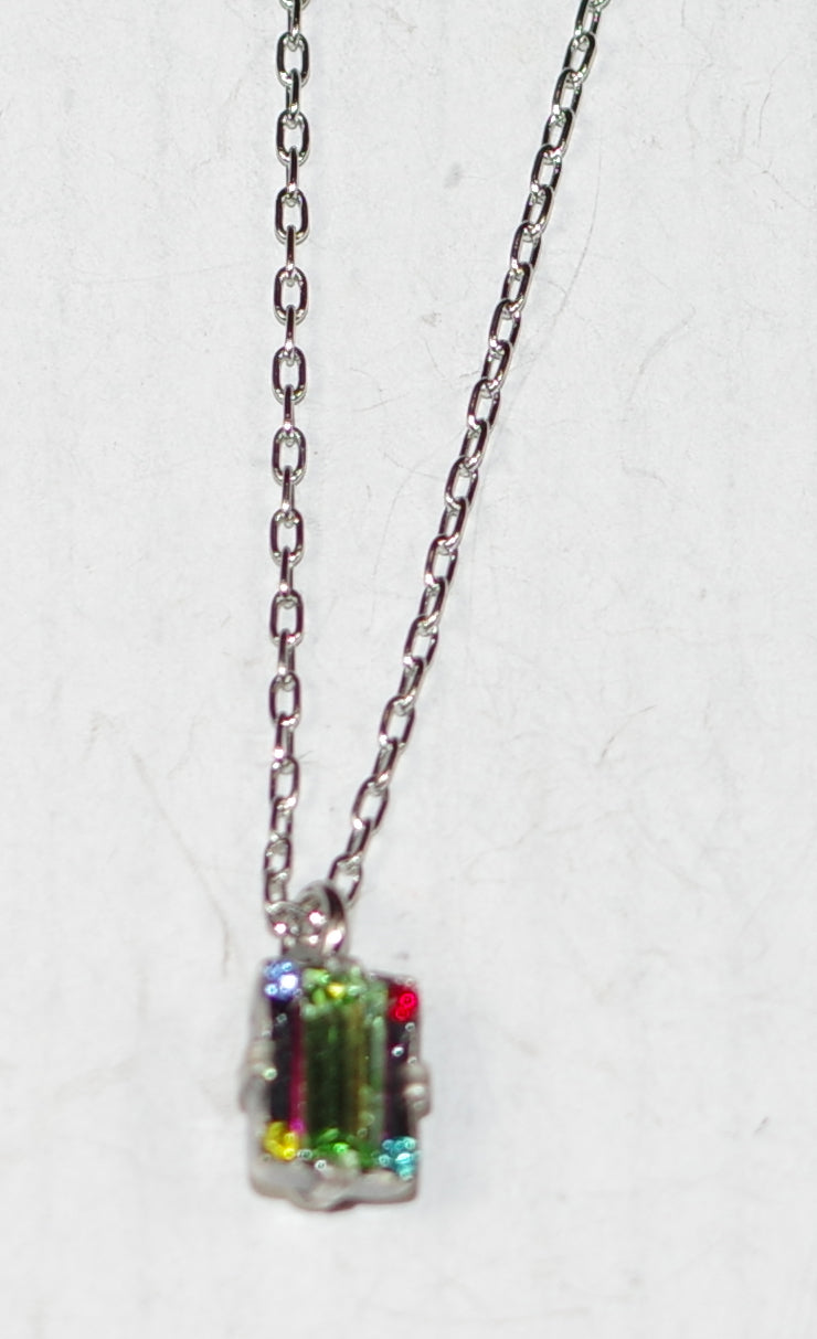 FIREFLY NECKLACE DULCE MICRO RECTANGLE MC: multi color stones in 1/4" setting, silver 17" adjustable chain
