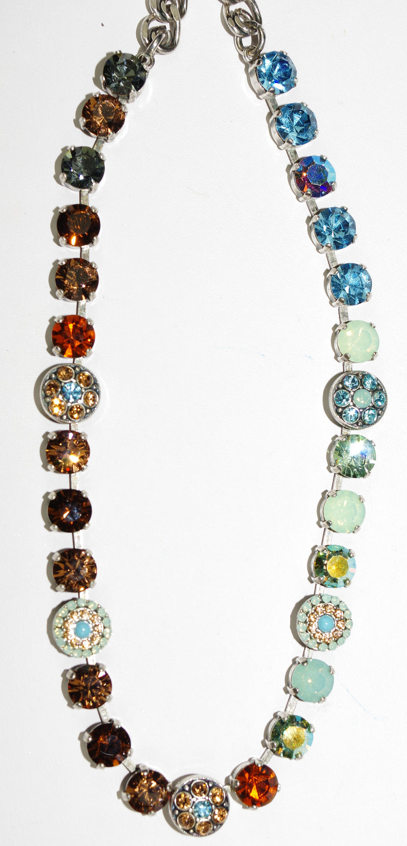 MARIANA NECKLACE FORGET ME NOT: blue, amber, pacific opal stones in silver setting, 18" adjustable chain
