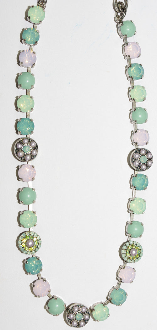 MARIANA NECKLACE MORNING GLORY: pink, green, pearl, pacific opal stones in silver setting, 17" adjustable chain