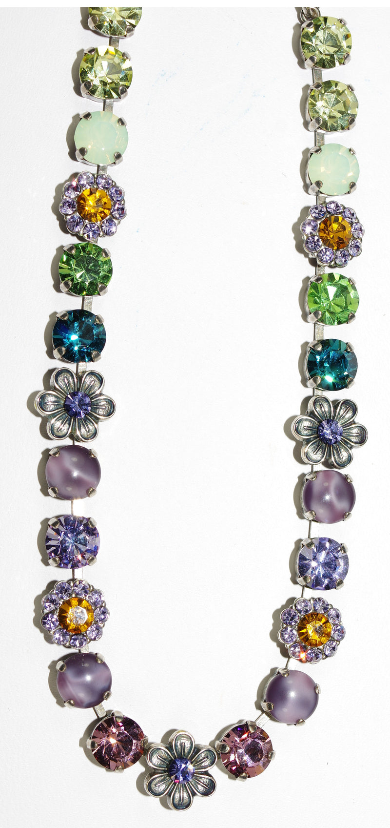 MARIANA NECKLACE LILAC: lavender, green, blue, amber, pink stones in silver setting, 18" adjustable chain