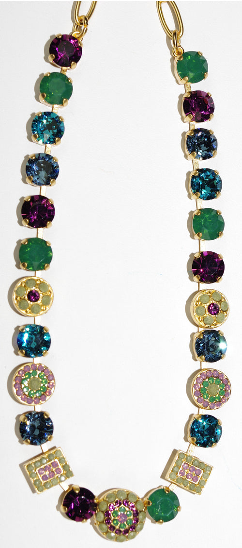 MARIANA NECKLACE PATIENCE: green, purple, blue stones in yellow gold setting, 18" adjustable chain