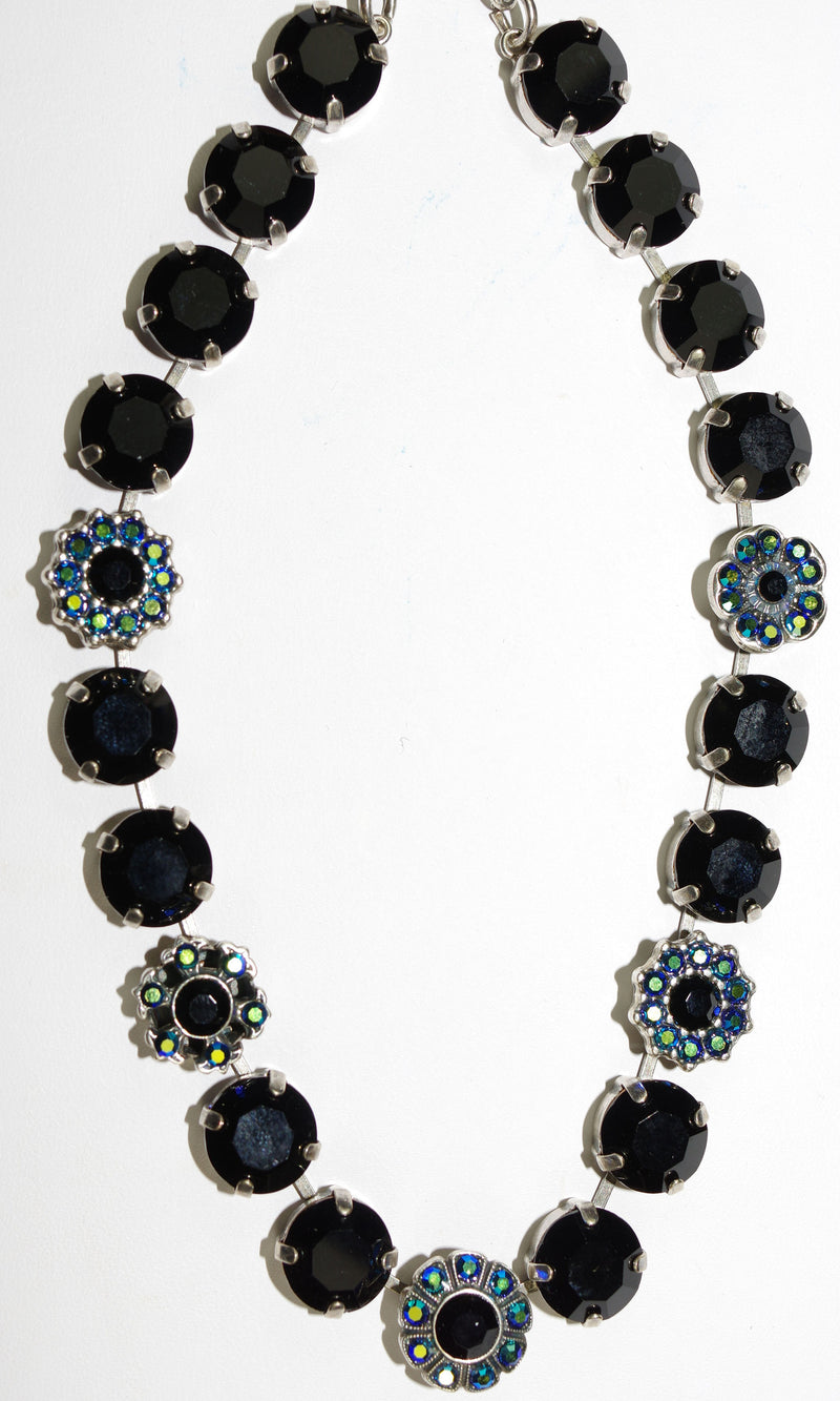 MARIANA NECKLACE GREASED LIGHTNING: black, blue, a/b stones in silver setting, 17" adjustable chain