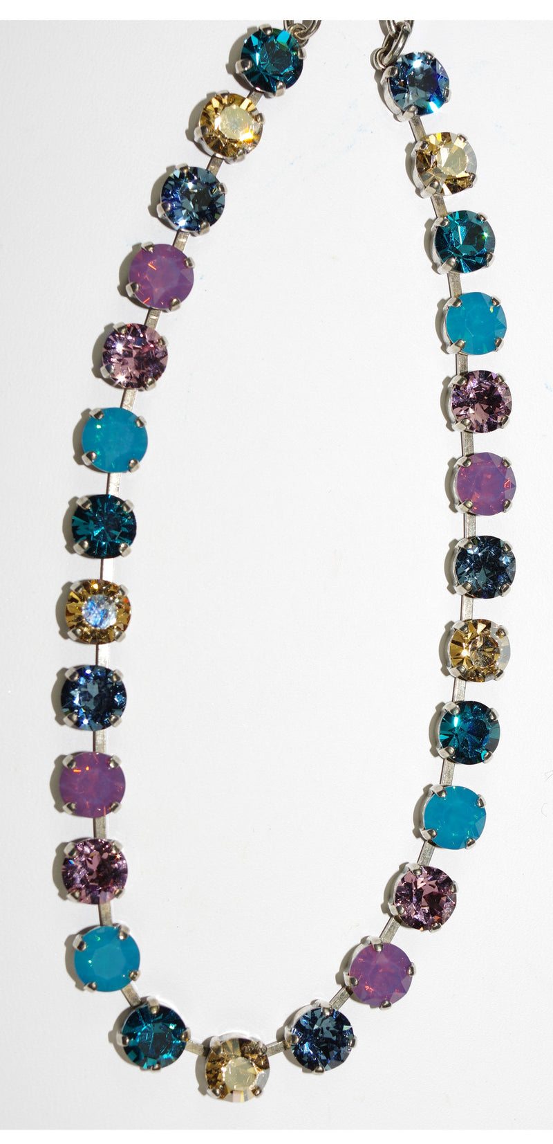 MARIANA NECKLACE BETTE SERENE: blue, pink, lavender, amber stones in silver setting, adjustable chain