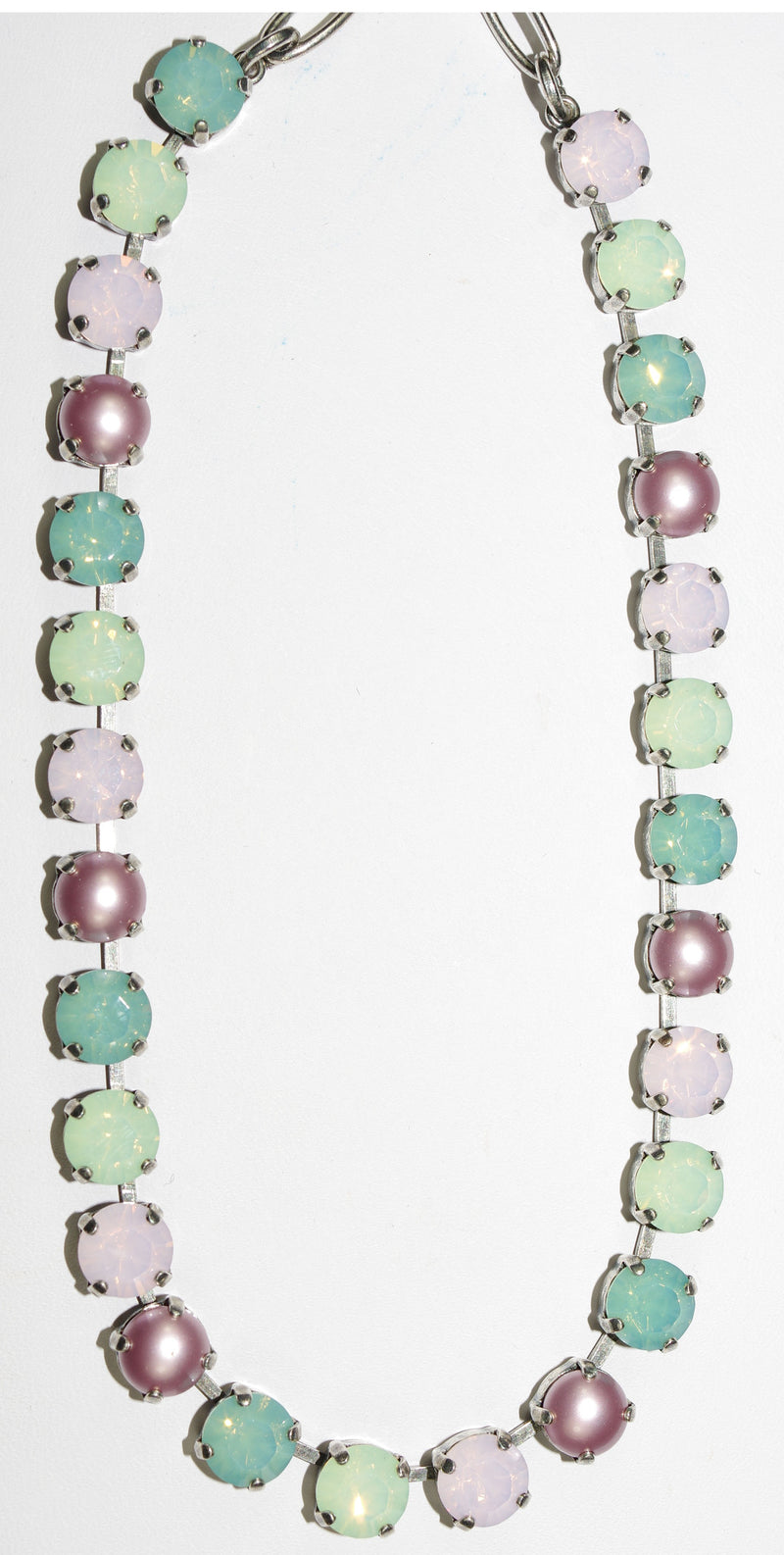 MARIANA NECKLACE BETTE MORNING GLORY: pink, green, pearl, pacific opal stones in silver setting, 16" adjustable chain