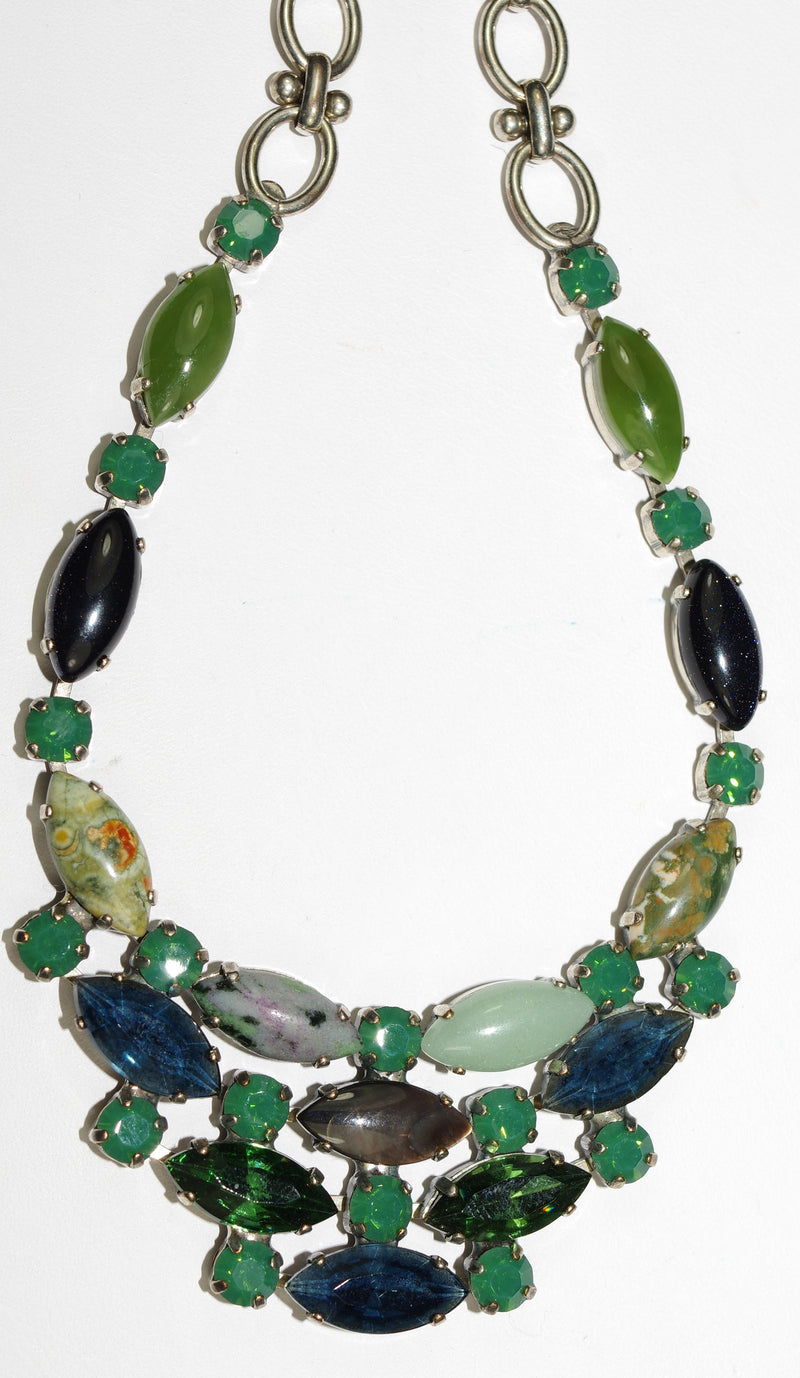 MARIANA NECKLACE EMERALD CITY: green, blue, pacific opal stones in silver setting, 18" adjustable chain