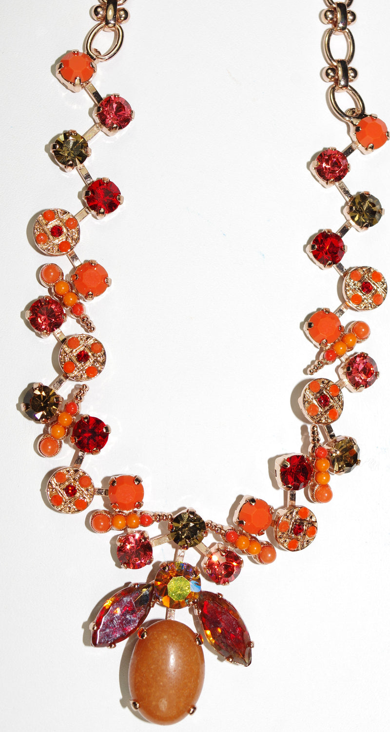MARIANA NECKLACE RING OF FIRE: orange, red, taupe stones in rose gold setting, 22" adjustable chain