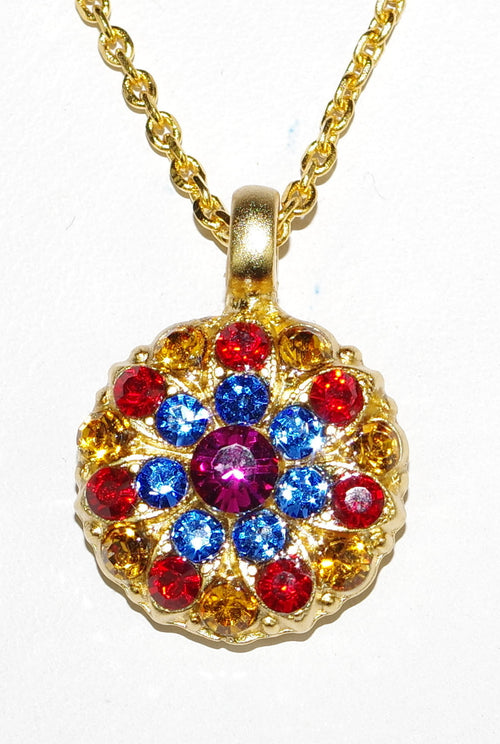 MARIANA ANGEL PENDANT FANTASY: red, blue, amber, fucshia stones in yellow gold setting, 18" adjustable chain