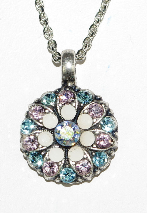 MARIANA ANGEL PENDANT: pink, blue stones in silver rhodium setting, 18" adjustable chain