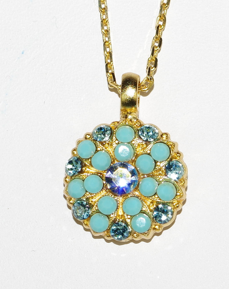 MARIANA ANGEL PENDANT CINDY: blue, turq stones in yellow gold setting, 18" adjustable chain