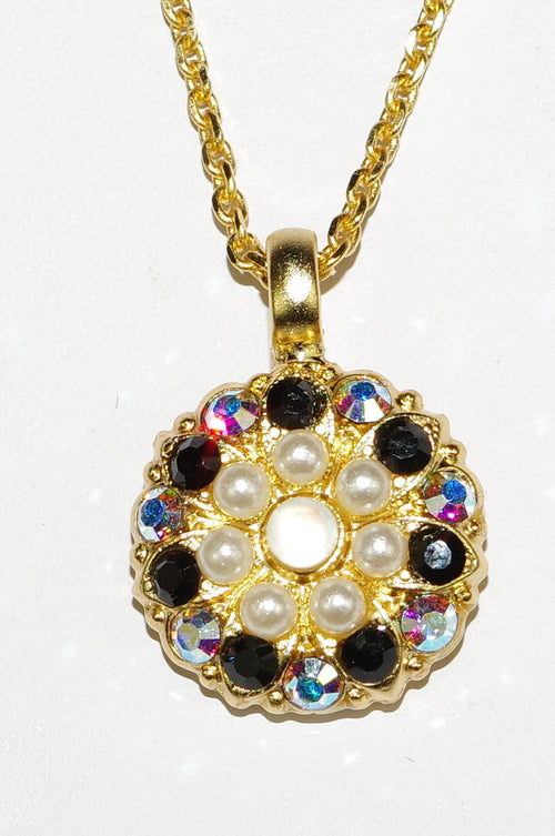 MARIANA ANGEL PENDANT BLACK/PEARL:  black, pearl, a/b stones in yellow gold setting, 18" adjustable chain
