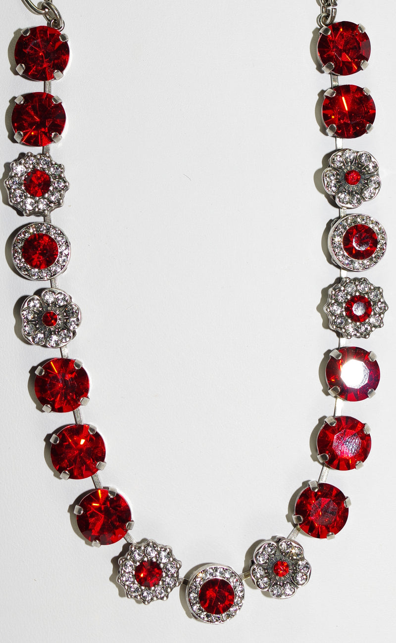 MARIANA NECKLACE RED/CLEAR SOPHIA: bright red & clear stones in silver rhodium setting, 17" adjustable chain