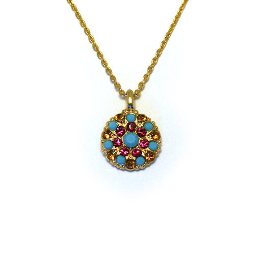 Mariana Angel Pendant: solid turquoise center, fuchsia, turquoise and amber stones in yellow gold setting