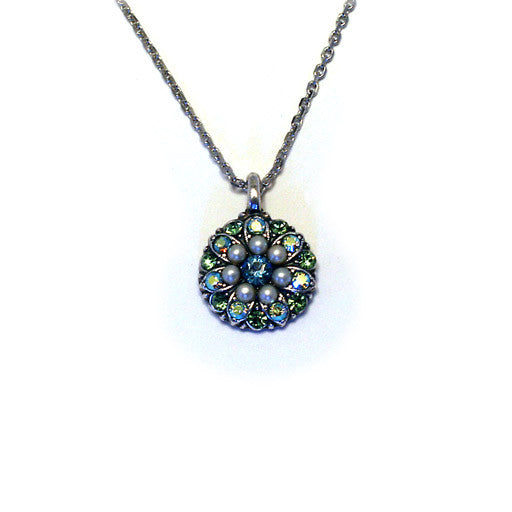 Mariana Angel Pendant: blue center, pearl, green and a/b stones in silver setting