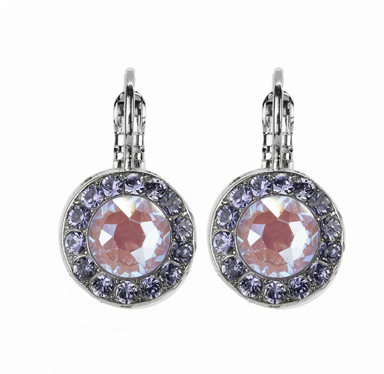 MARIANA EARRINGS TRAVELARA: lavender, purple stones in 1/2" silver rhodium setting, lever back