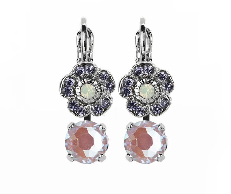 MARIANA EARRINGS TRAVELARA: pink sun-kissed, green, purple stones in 1/2 " silver rhodium setting, lever back